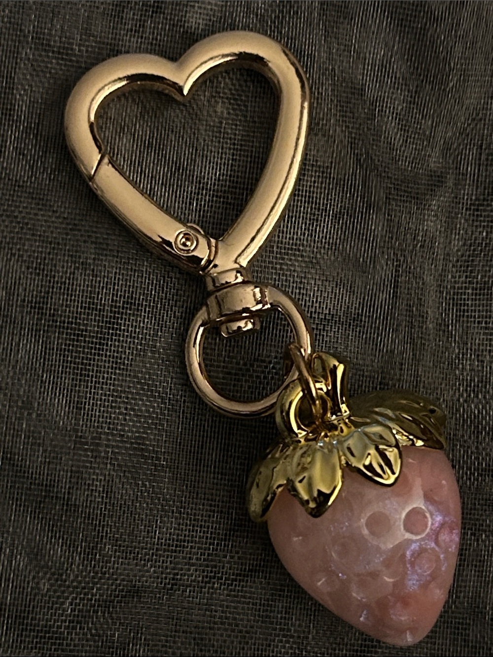 Gold Heart Keychain with Pink Iridescent Strawberry Bag/Key Charm